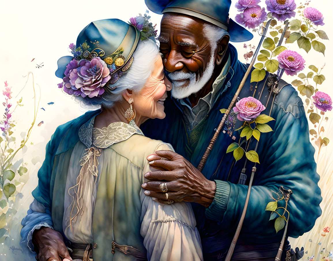 Elderly couple embracing in flower-filled scene.