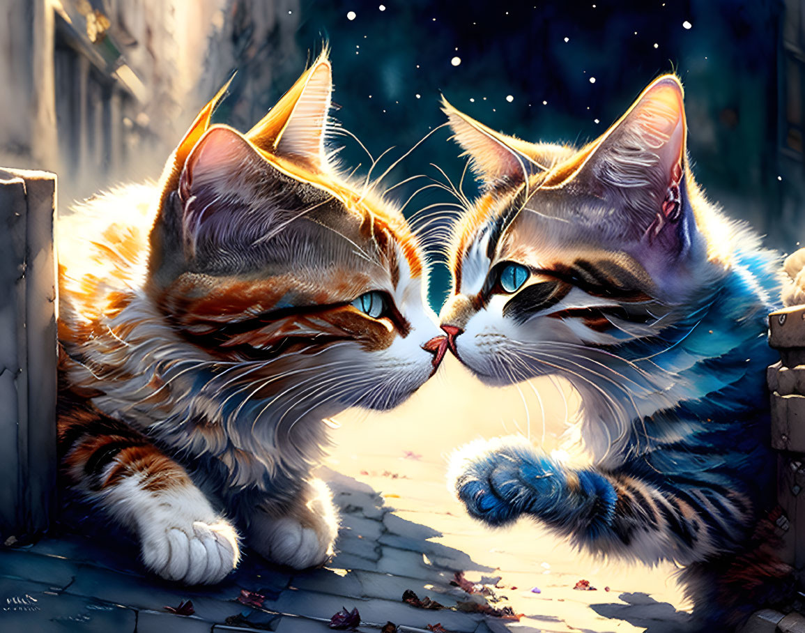 Illustrated cats with orange and white fur touching noses on cobblestone street