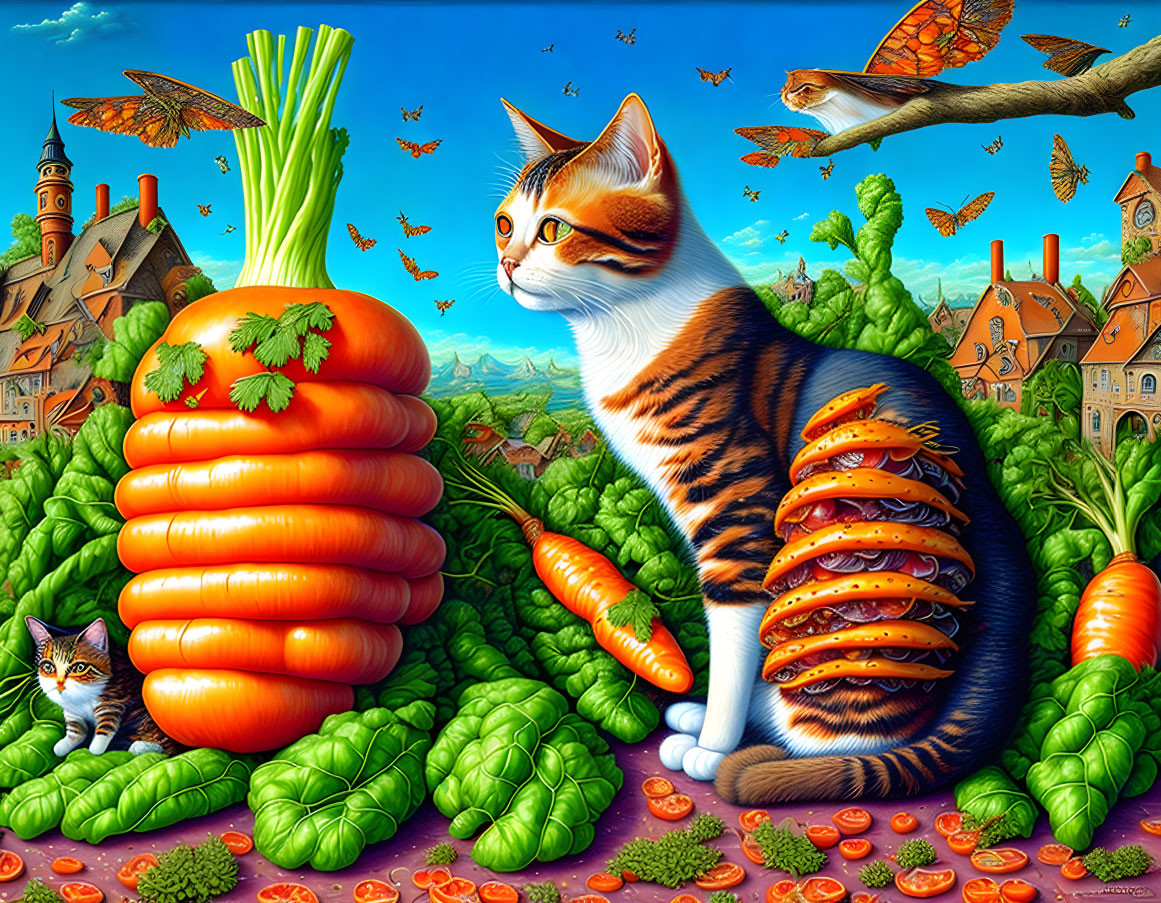 Colorful whimsical illustration: oversized vegetables, cats, quaint village, blue sky