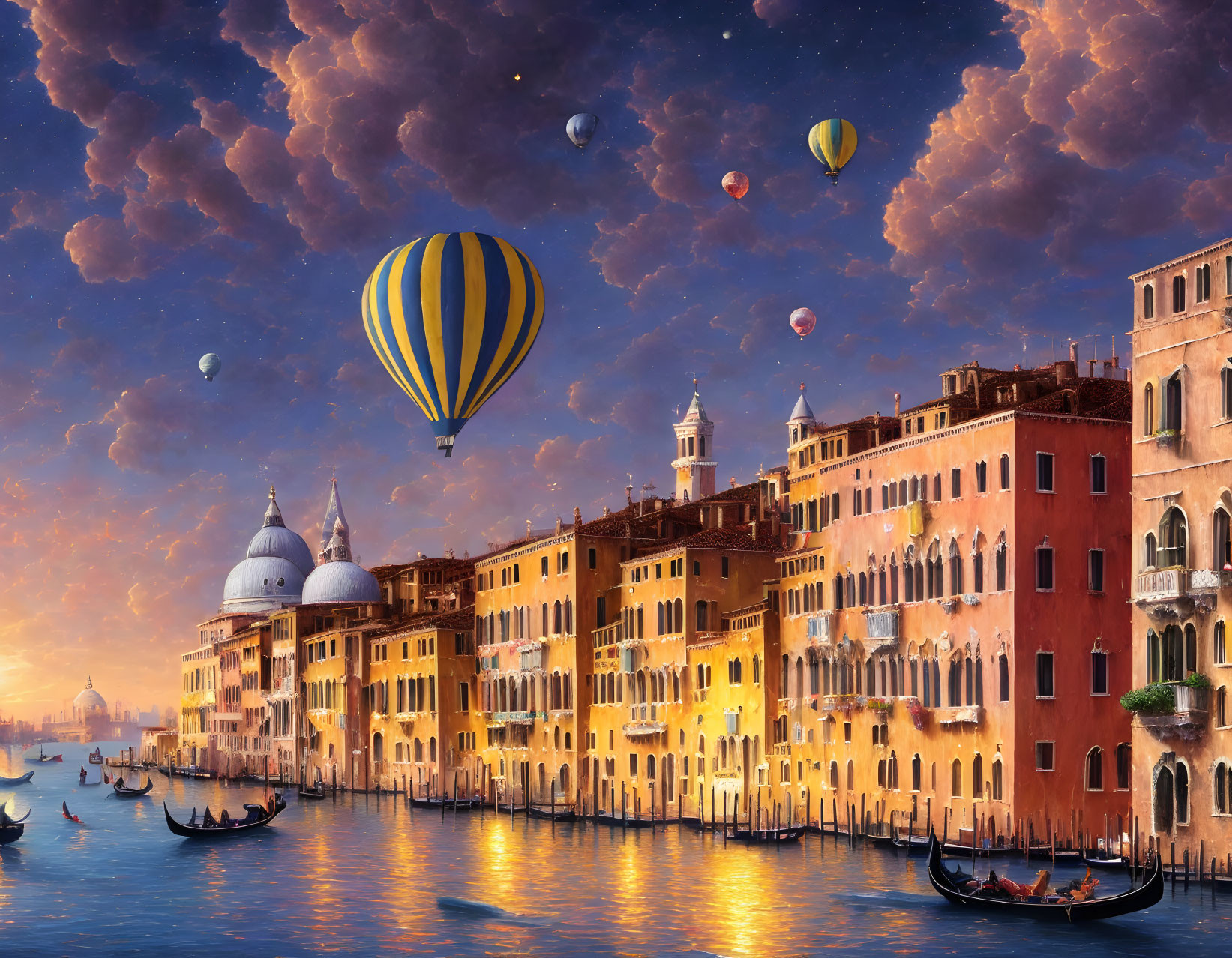 Historic Venice buildings and gondolas at sunset with hot air balloons