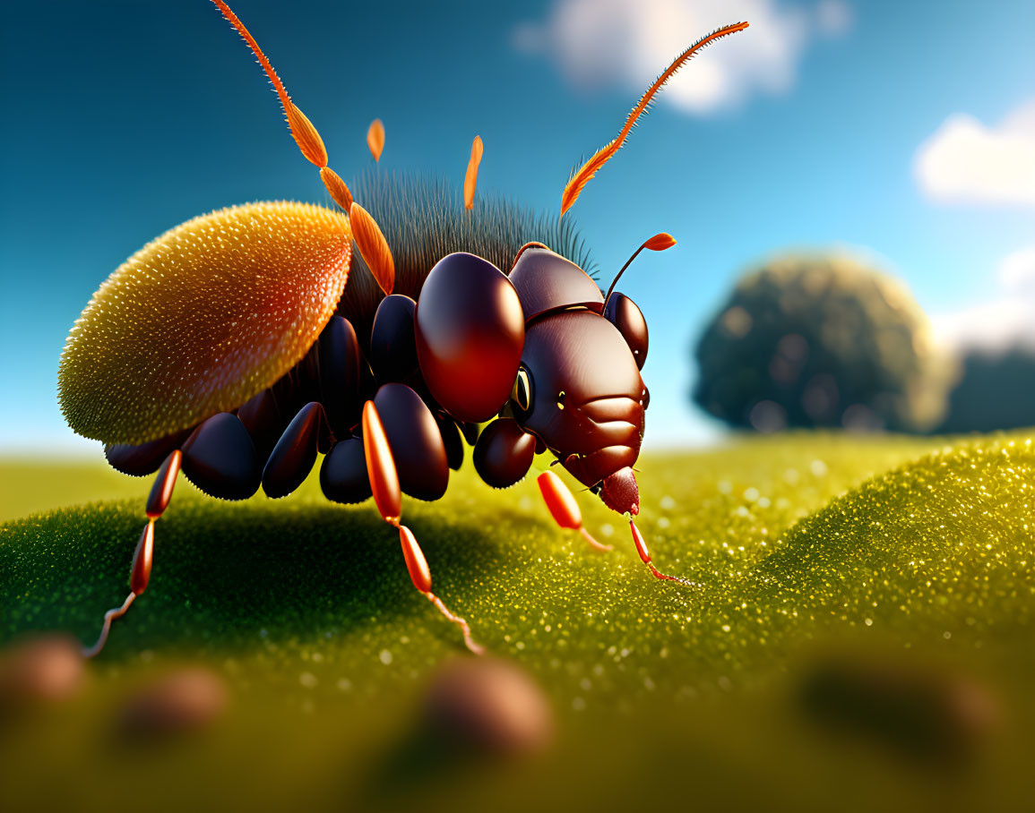 Detailed 3D illustration of ant on grass with tree and sky background