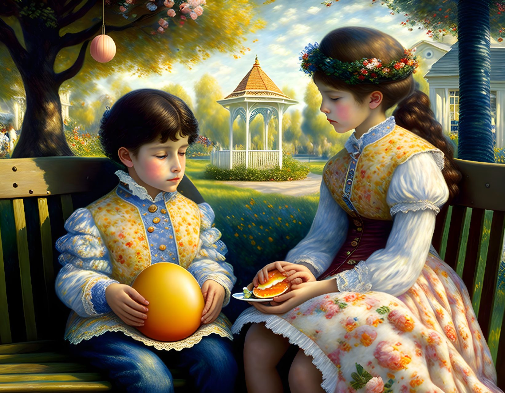 Vintage Clothing Children with Golden Egg and Orange Slice on Bench