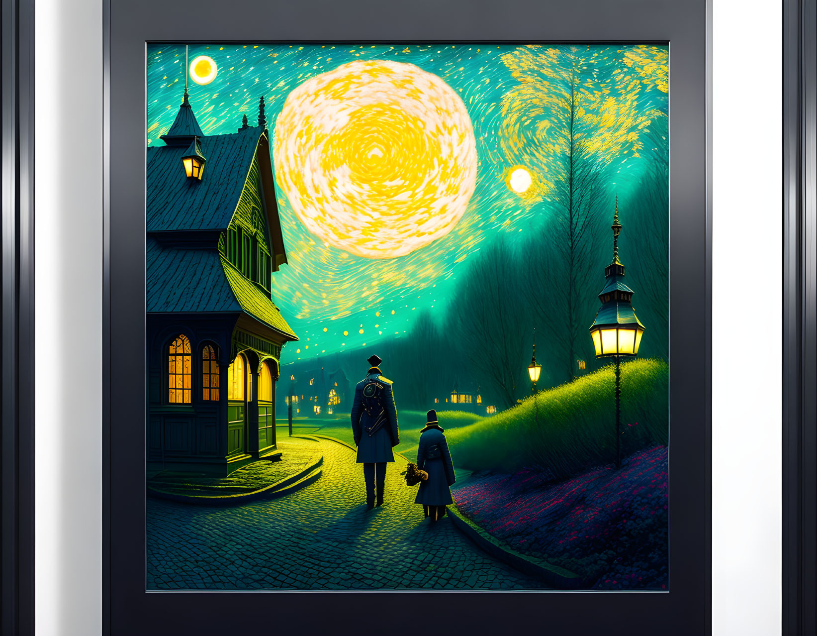 Stylized artwork of parent and child by lantern under starry sky
