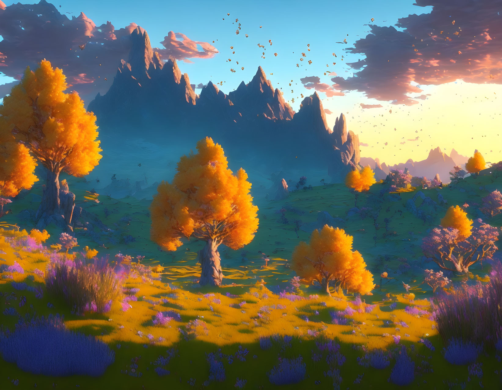 Colorful landscape with golden trees, floating rocks, and purple flora under a sunset sky.