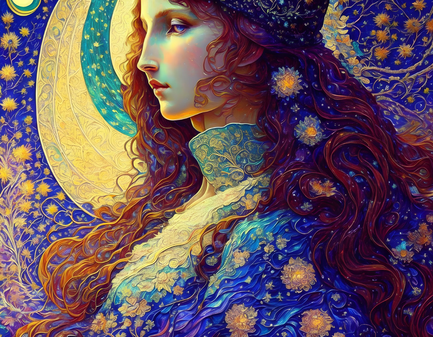 Detailed illustration of woman in blue garment against celestial backdrop