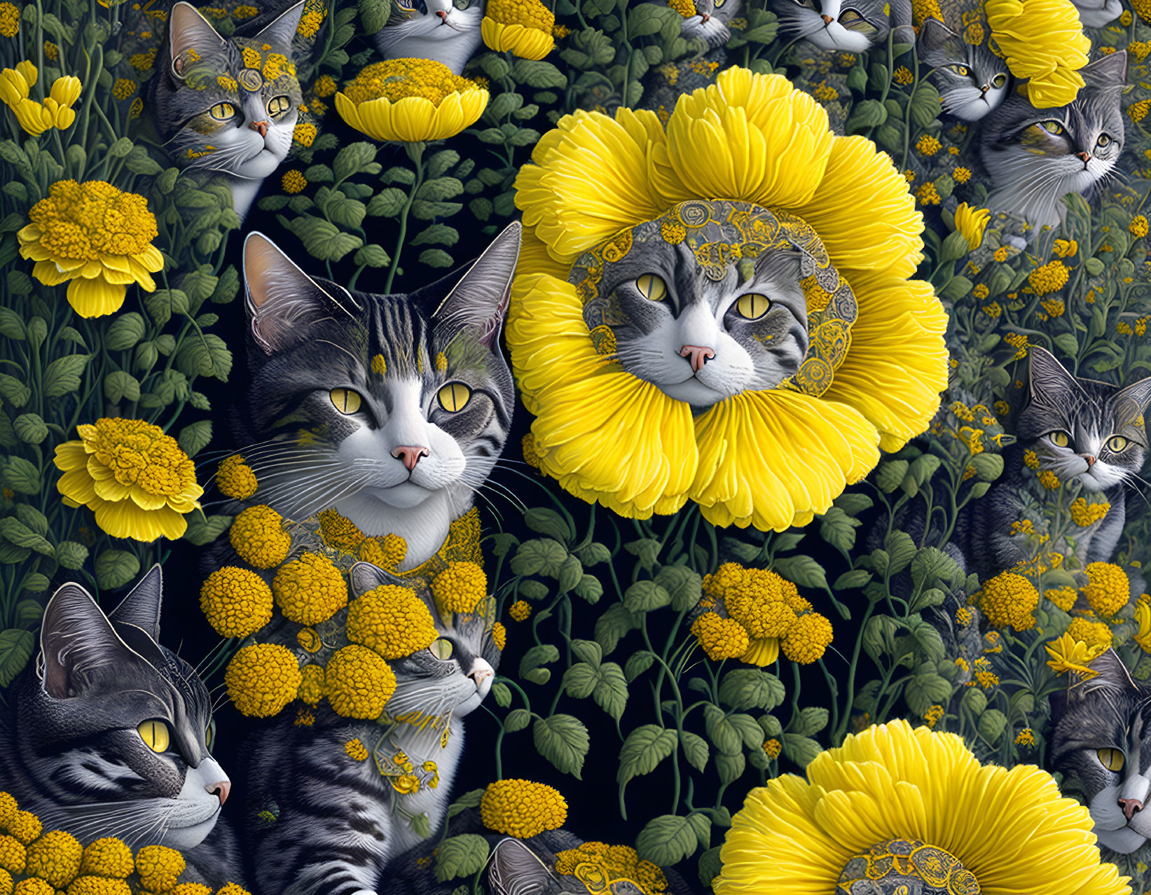 Multiple cats blending with yellow marigolds, one cat framed by a flower