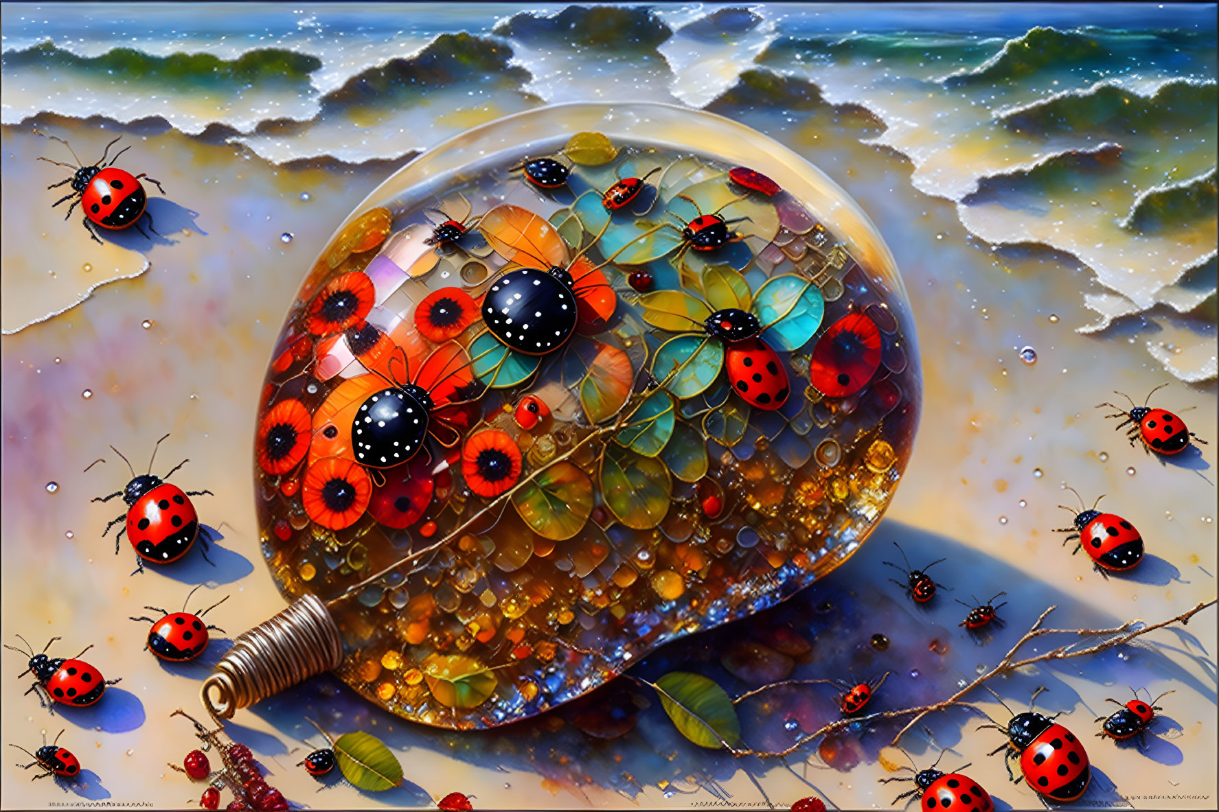 Whimsical painting featuring ladybugs, vibrant flowers, foamy sea, and sunny sky