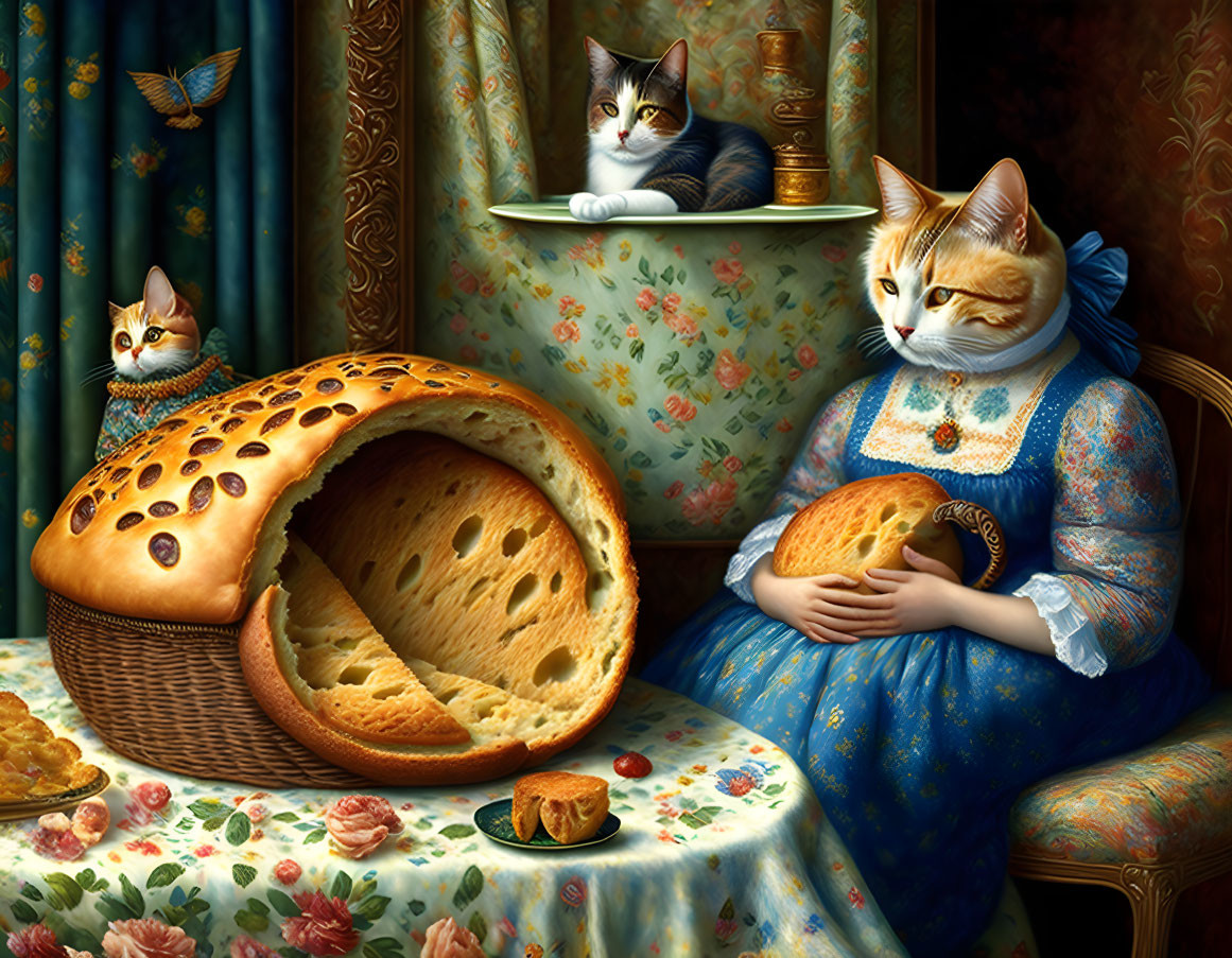 Three anthropomorphized cats in vintage room setting with one holding bread, another on window sill,