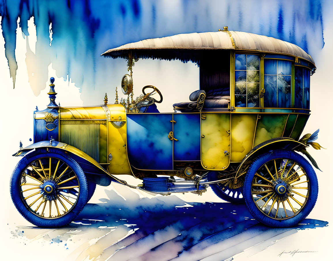 Vibrant vintage car illustration with intricate designs on whimsical watercolor backdrop