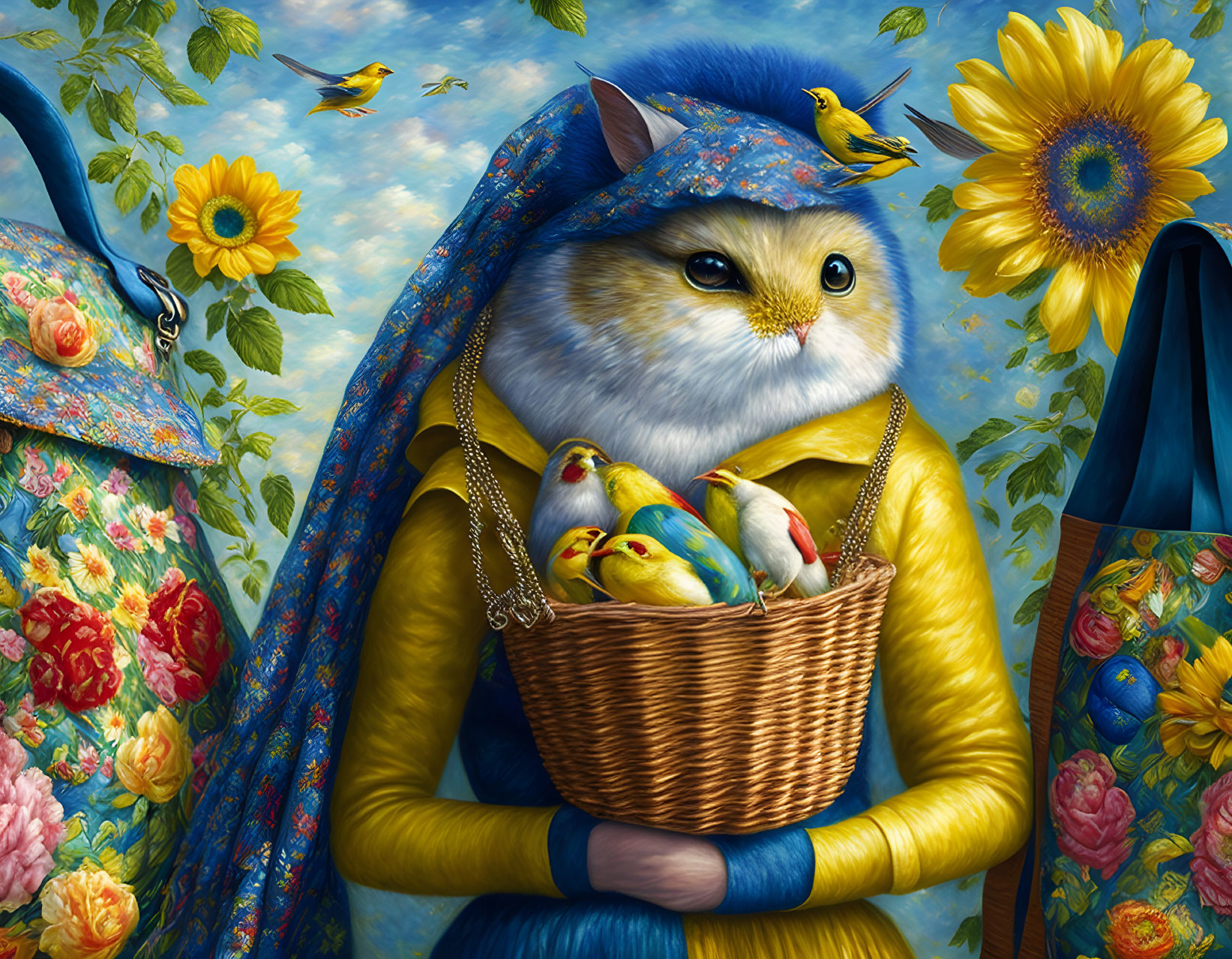 Anthropomorphic Cat in Traditional Dress with Chicks in Floral Scene