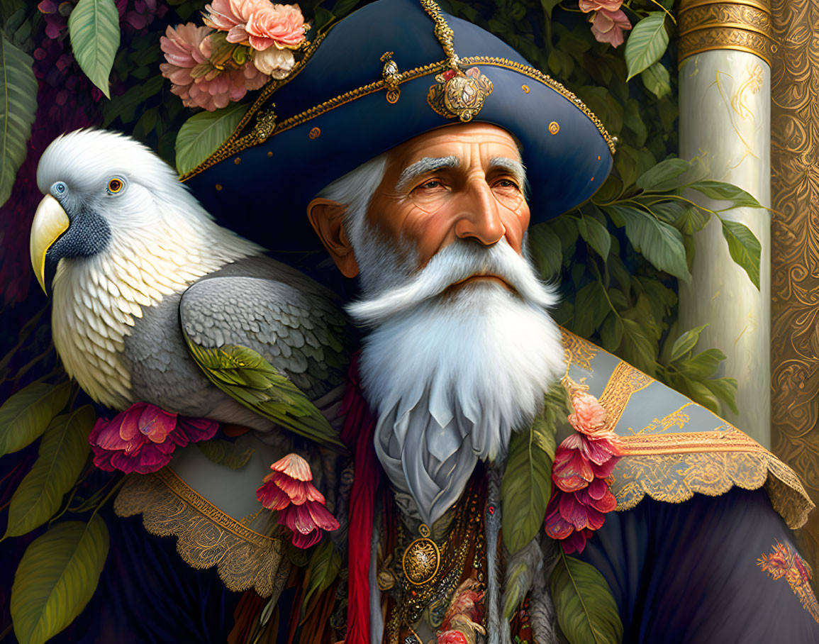 Elderly man with white beard in ornate uniform and hat with parrot, surrounded by flowers