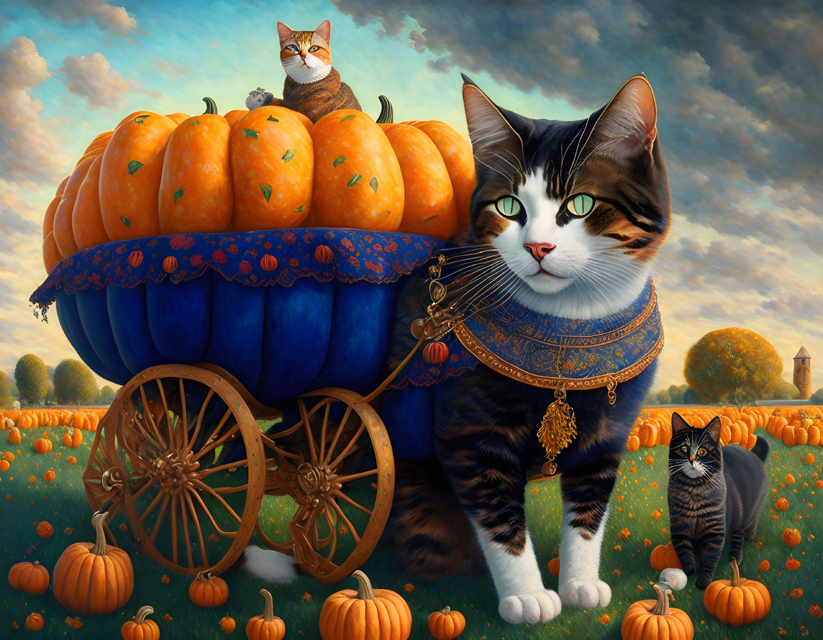 Illustration of oversized cats with pumpkins in a pumpkin field