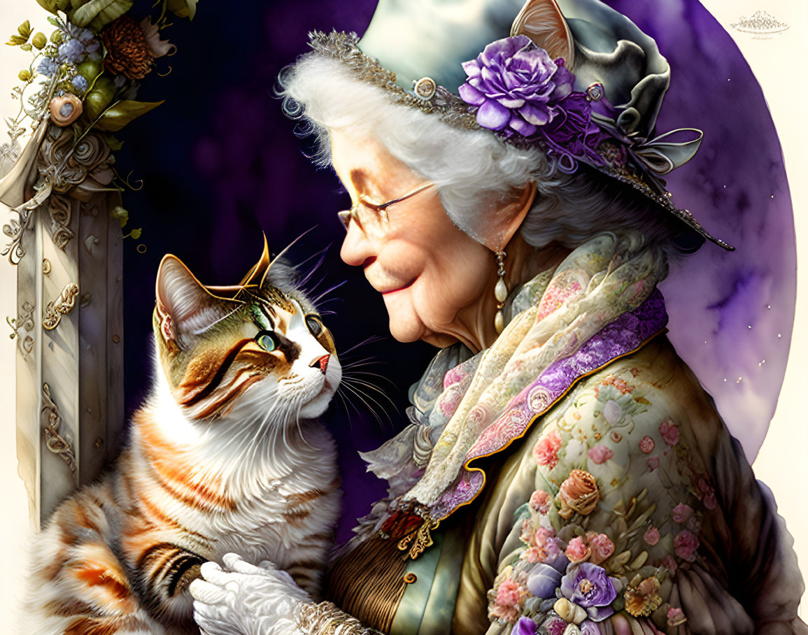 Vintage-dressed elderly woman admiring colorful cat with floral details