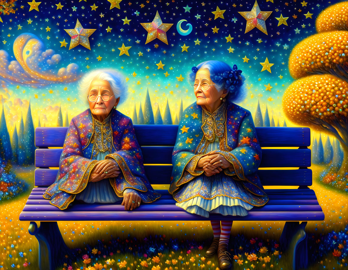 Elderly women on bench with vibrant starry landscape