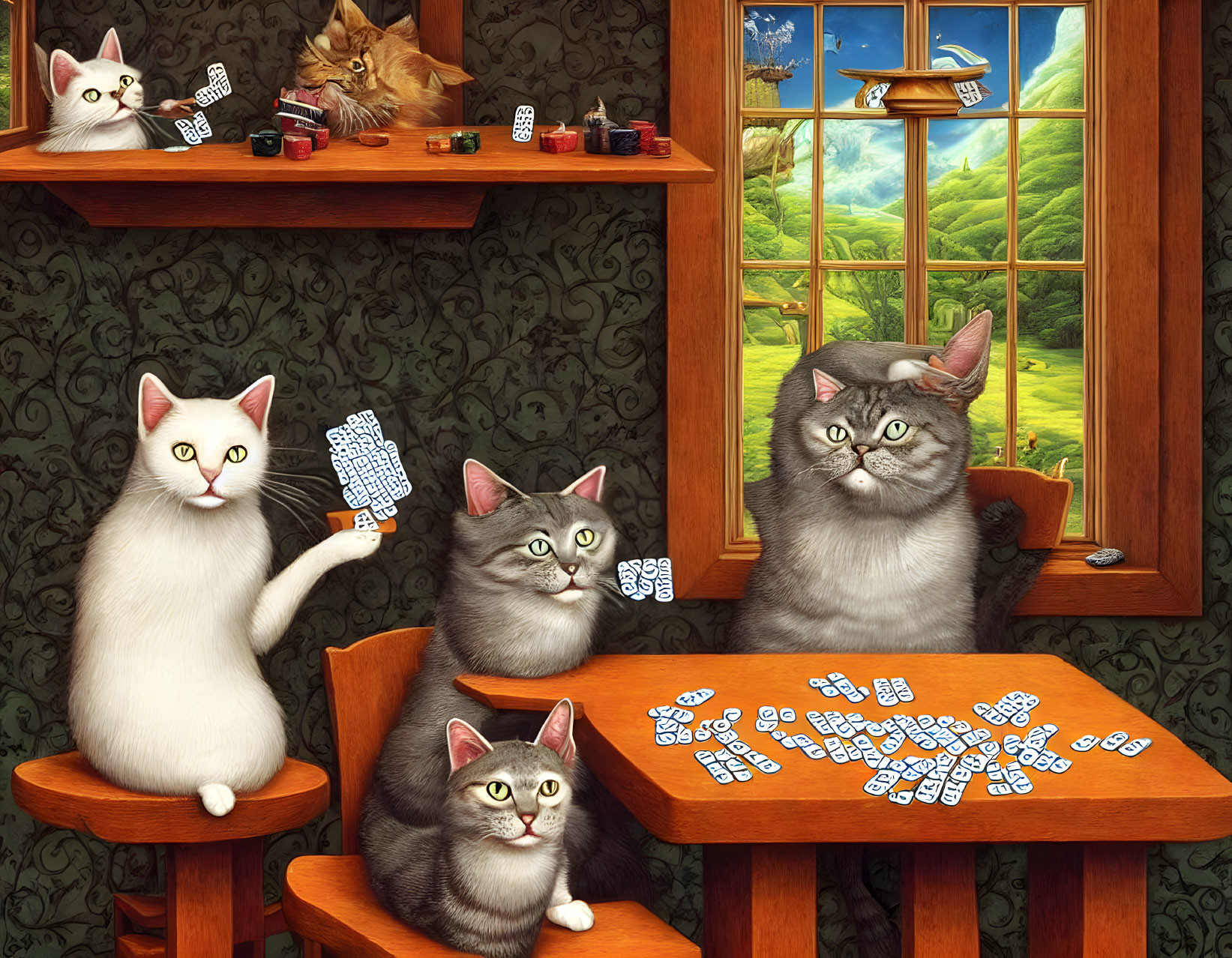 Four cats playing with domino tiles on a wooden table, one wearing glasses, another observing, others