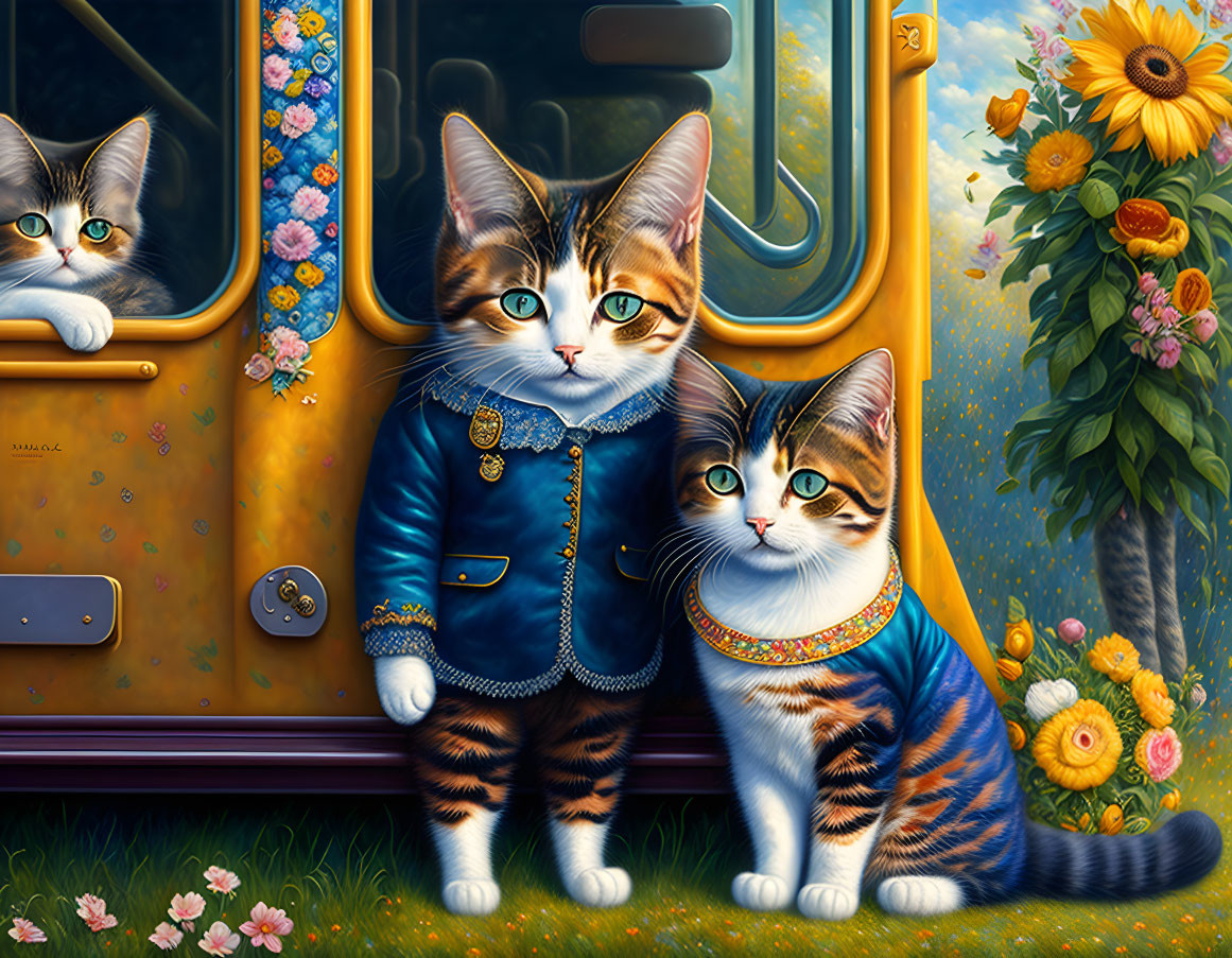 Colorful Cats by Bus Surrounded by Flowers and Sunflowers