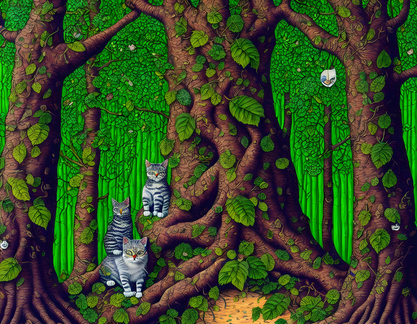 Colorful Forest Scene: Three Striped Cats Blend in Among Lush Foliage