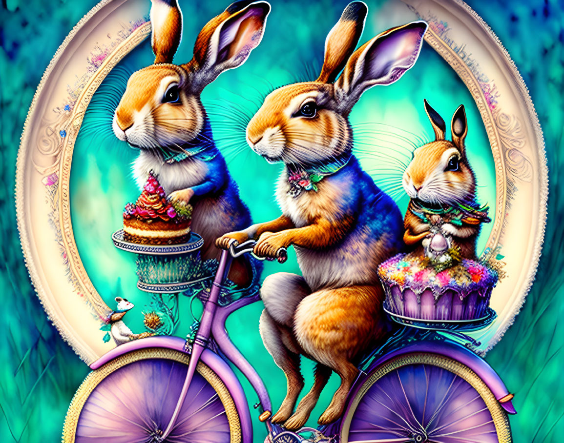 Colorful anthropomorphic rabbits on bicycle with cupcakes, cake, and flowers, ornate backdrop