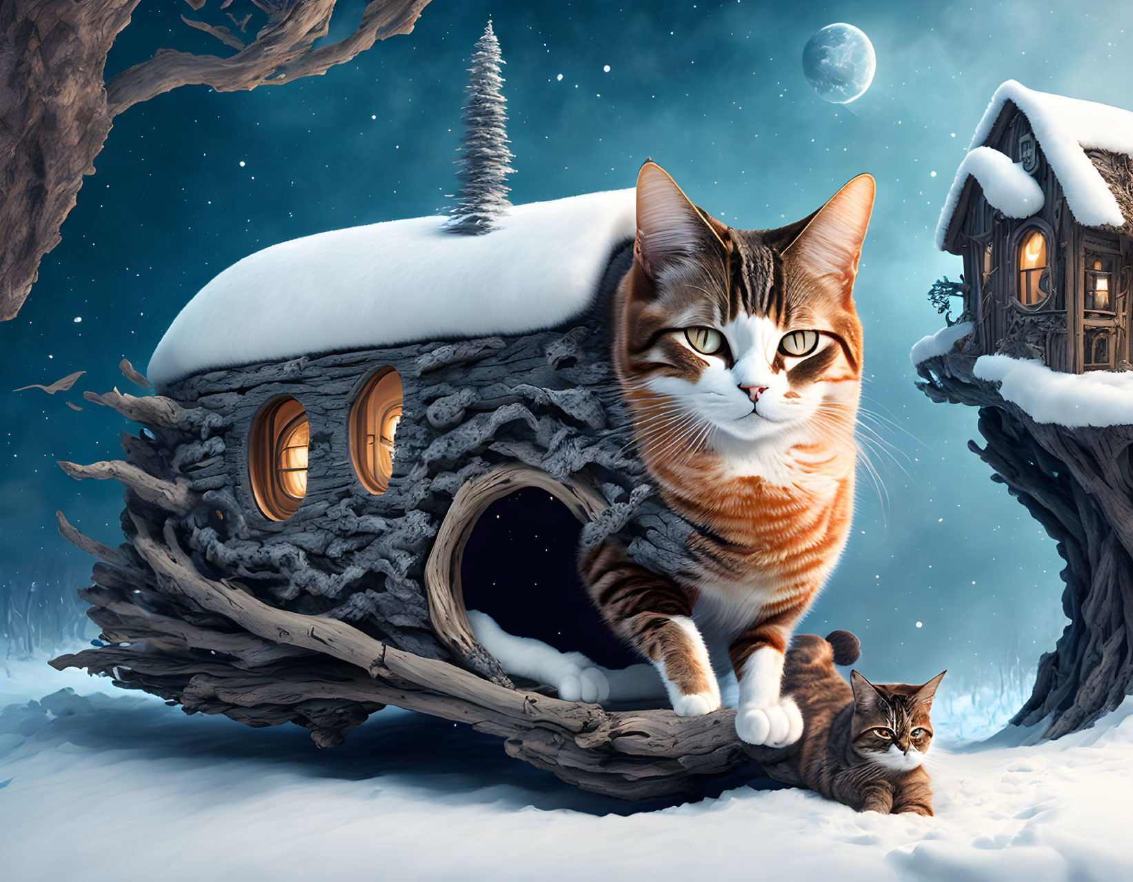 Whimsical image of large and small cats on snow-covered log house at night