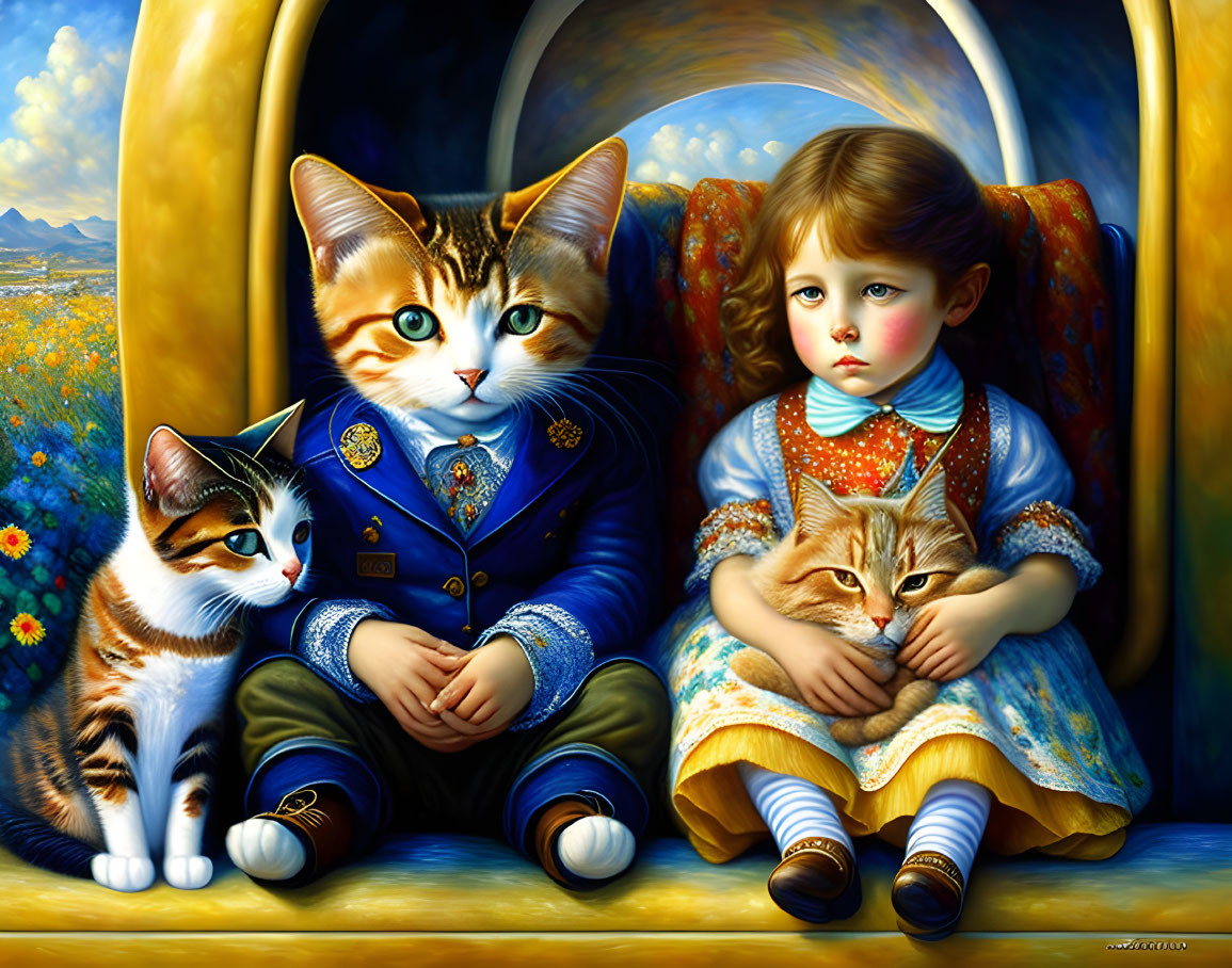 Young girl with two anthropomorphic cats on bench against floral backdrop