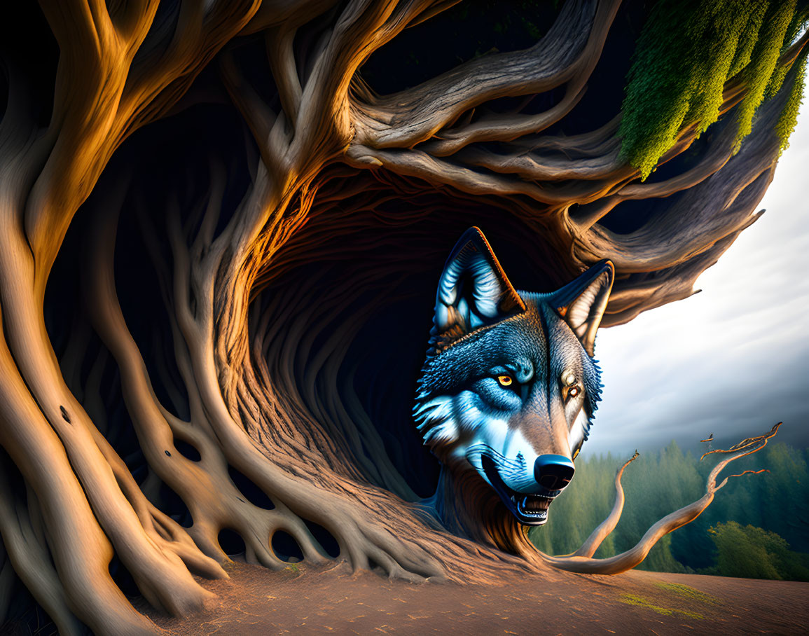 Intricate surreal tree with wolf head in hollow trunk on serene landscape