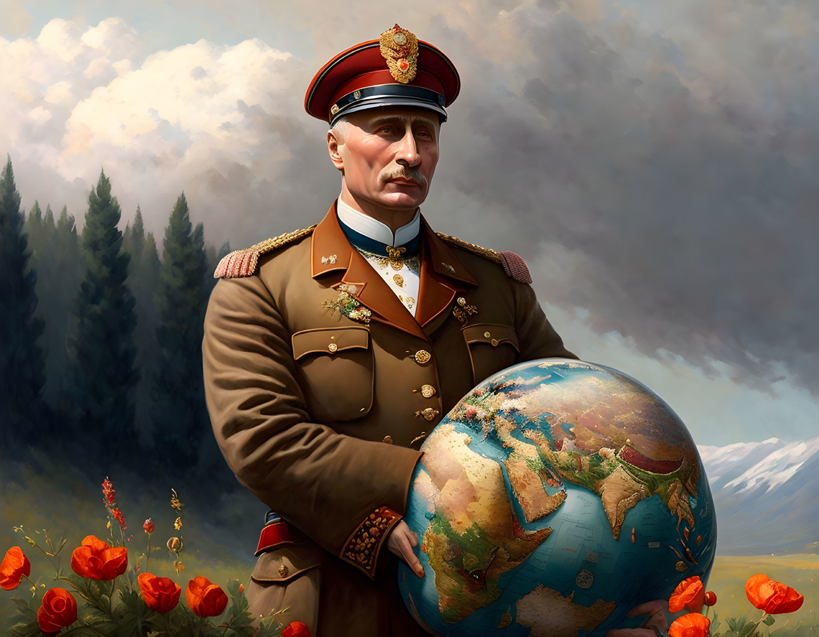 Portrait of man in military uniform with globe, cloudy sky, poppy flowers
