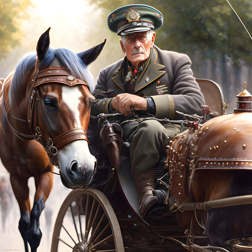 Elderly man in military uniform on horse-drawn carriage in forest setting