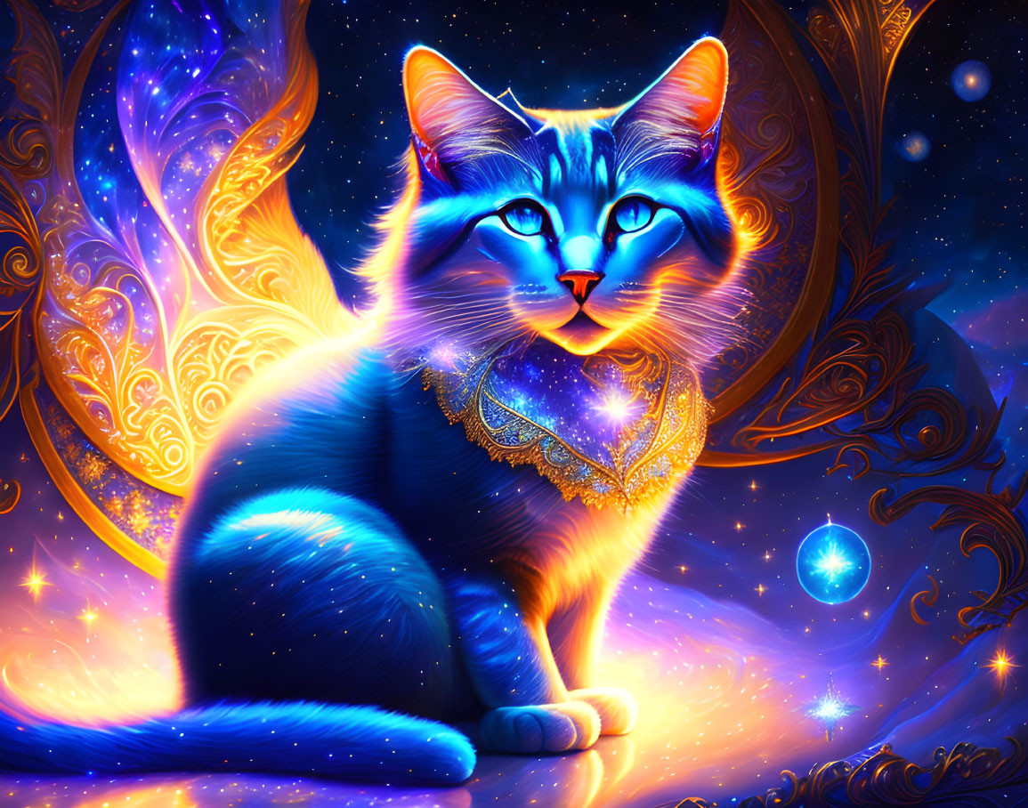 Neon-blue cat with glowing necklace in mystical starry background