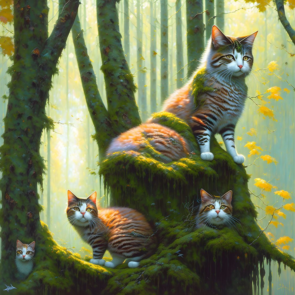 Four cats on moss-covered woodland stump in sunlit autumn forest