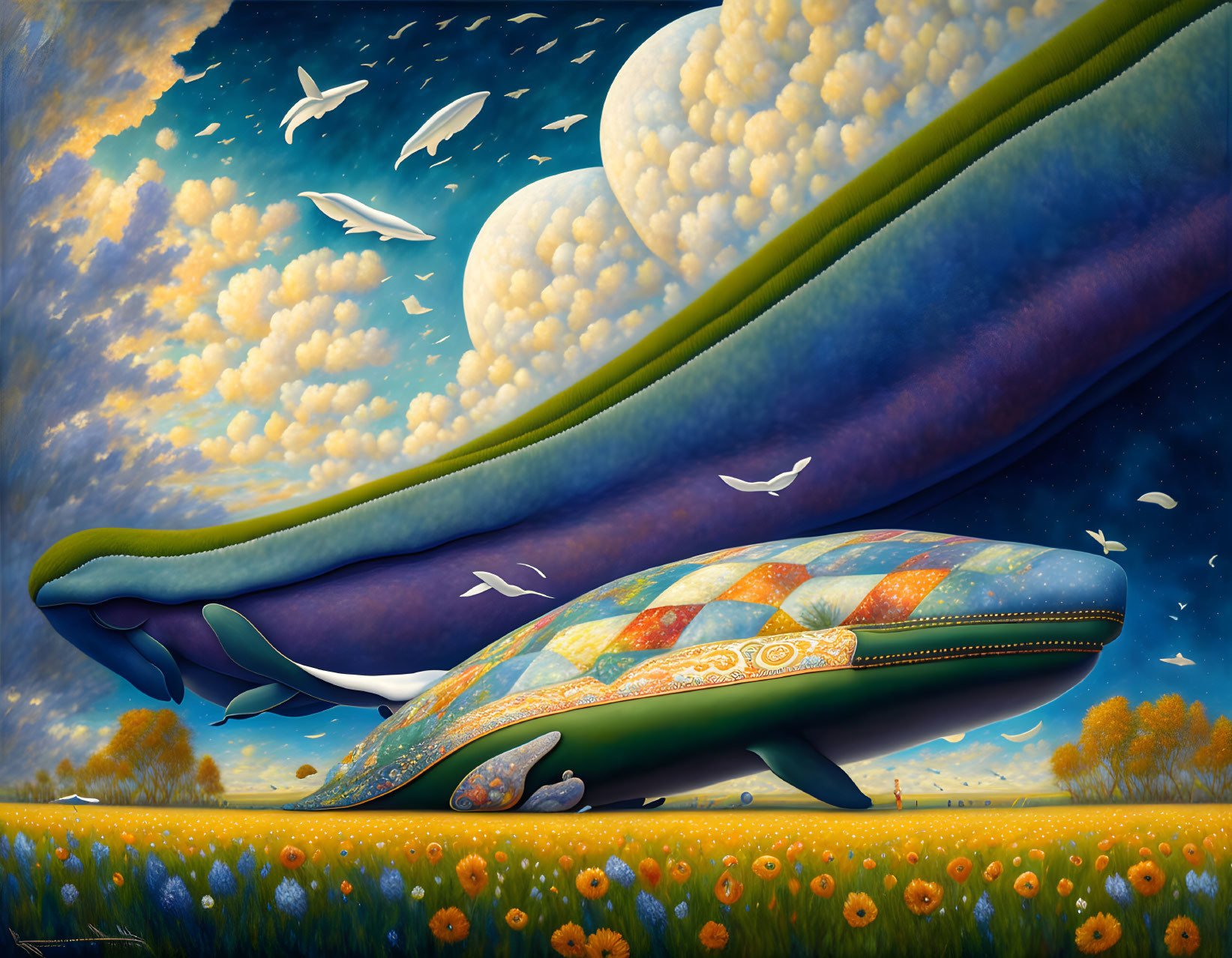 Vibrant surreal landscape with whale-like creatures above flower-filled field