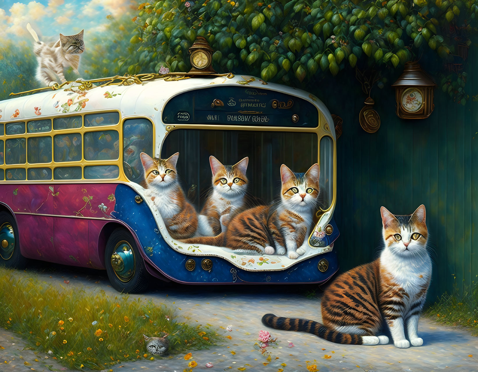 Surreal Artwork: Cats on Vintage Bus in Lush Garden