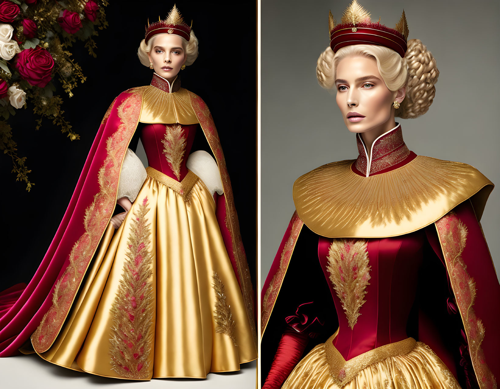 Elaborate royal gown with gold and red colors and regal crown