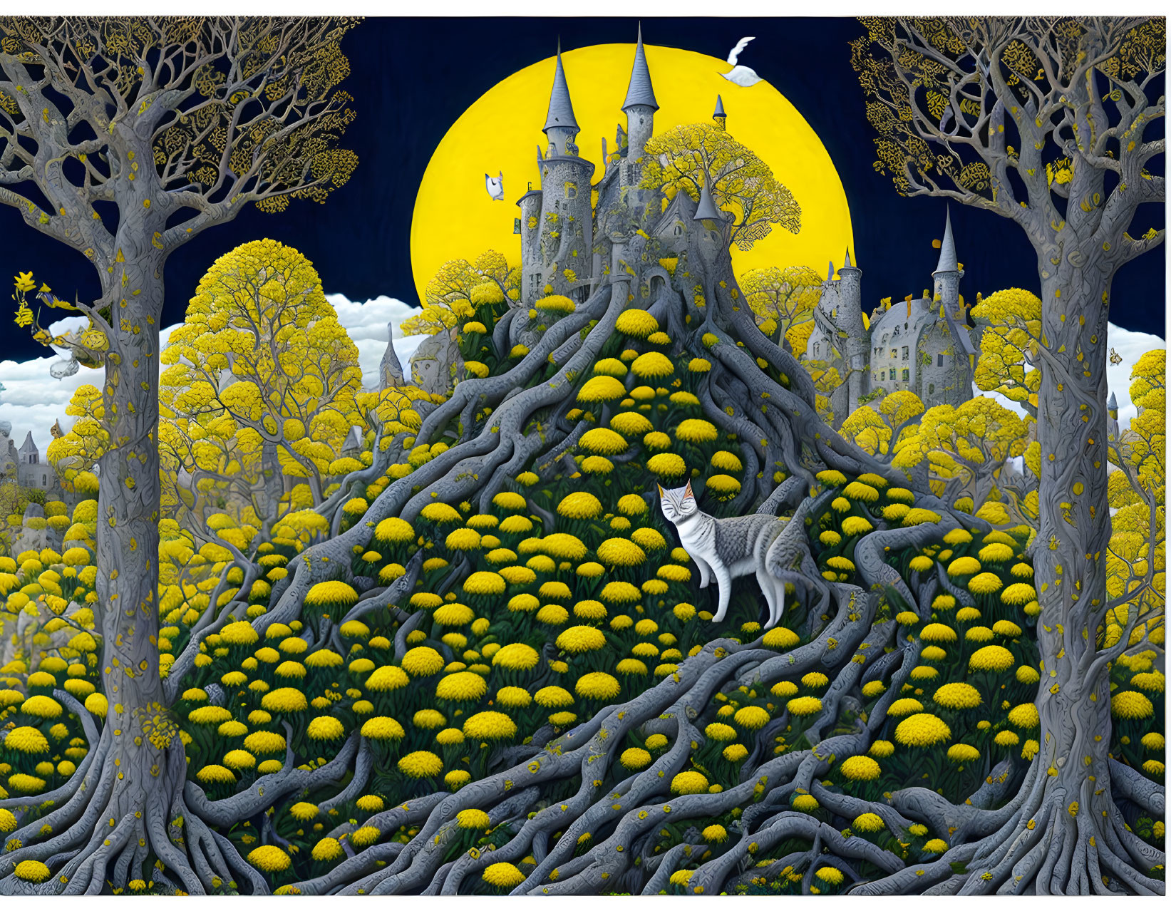 Fantastical leopard on tree branches with castle and full moon