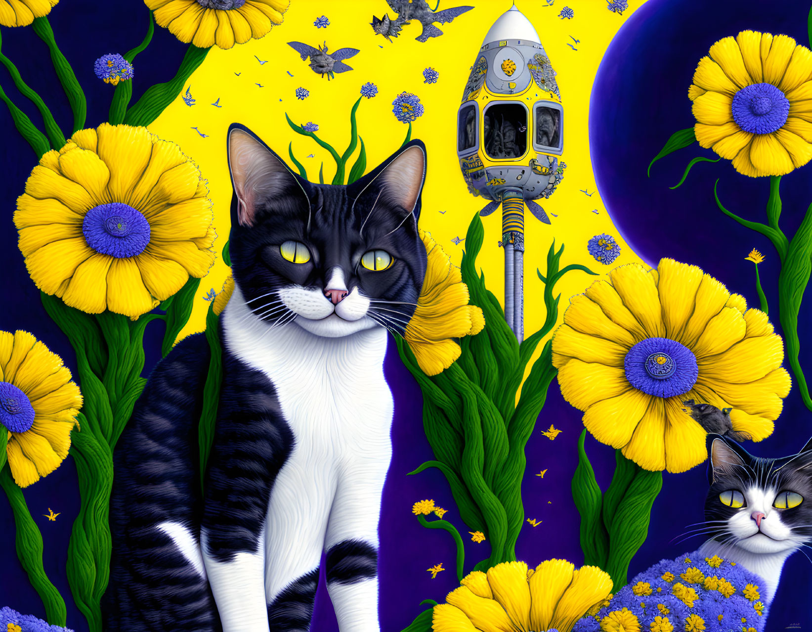 Colorful Cat and Flowers Artwork with Spaceship and Butterflies on Blue Background