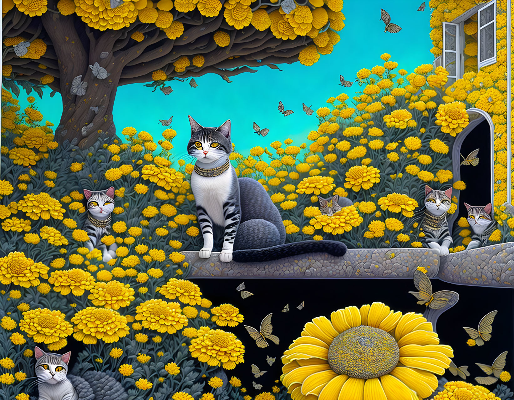 Surreal artwork with grey and white cats, yellow flowers, butterflies, and sunflower