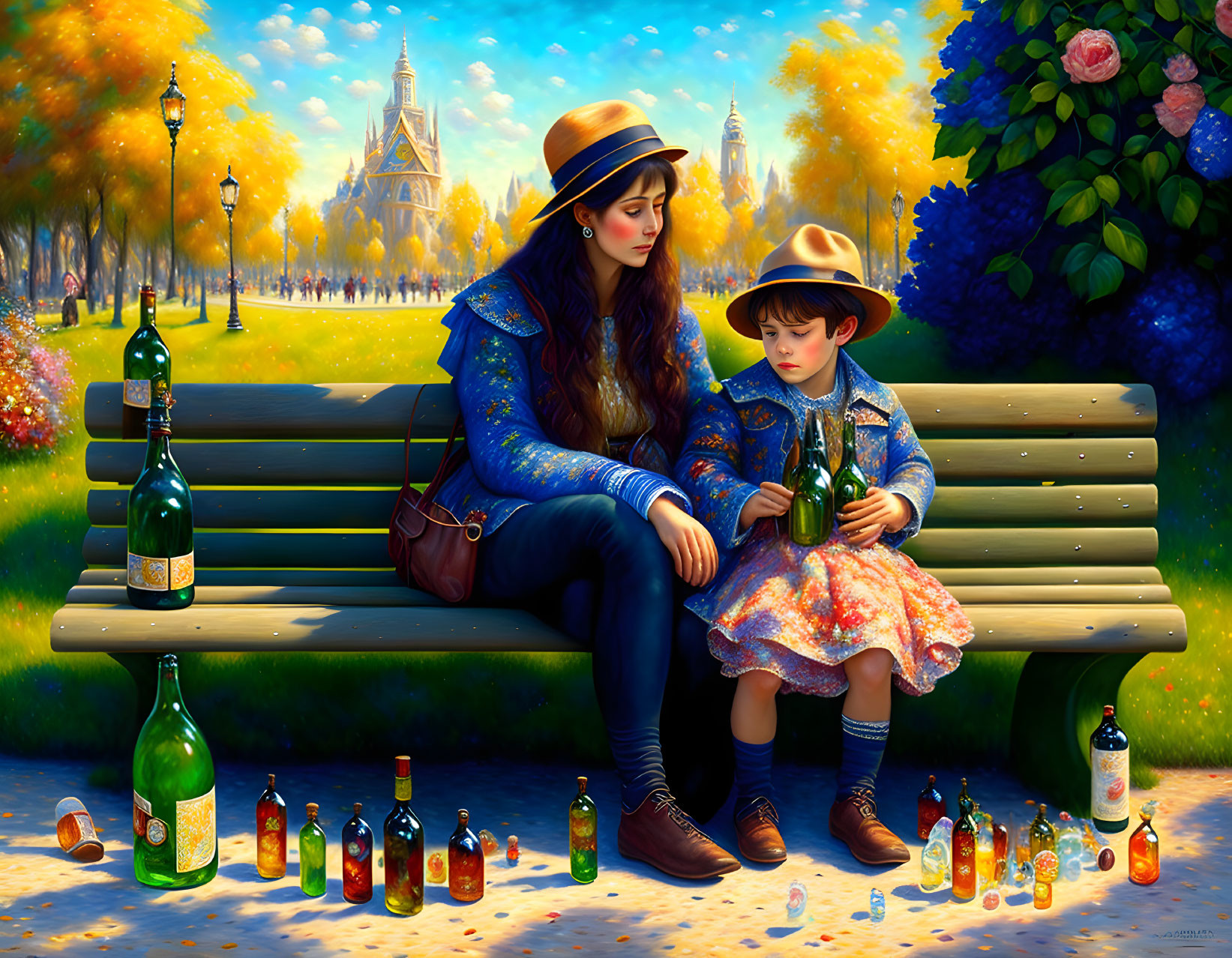 Woman and child surrounded by colorful bottles in sunny park scene.