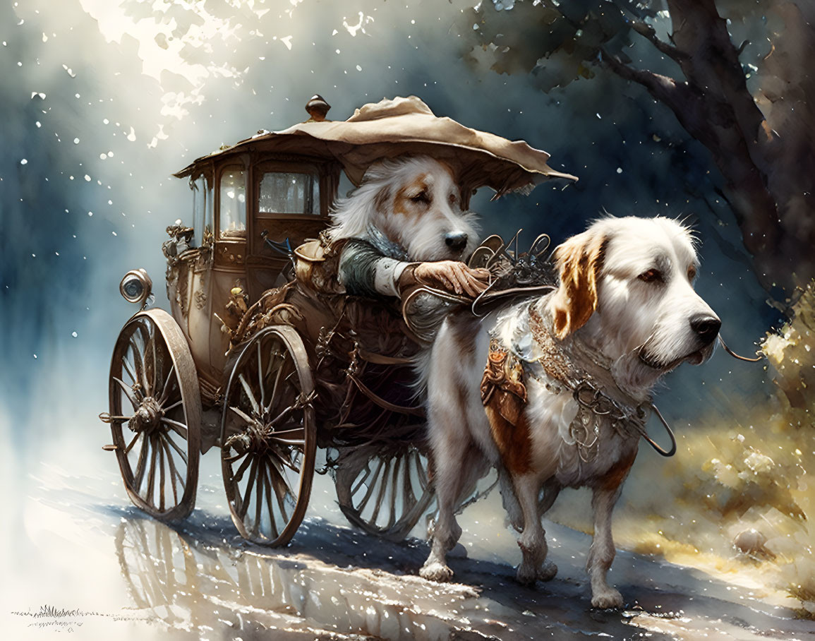 Golden retrievers in harnesses pulling wooden carriage through misty forest