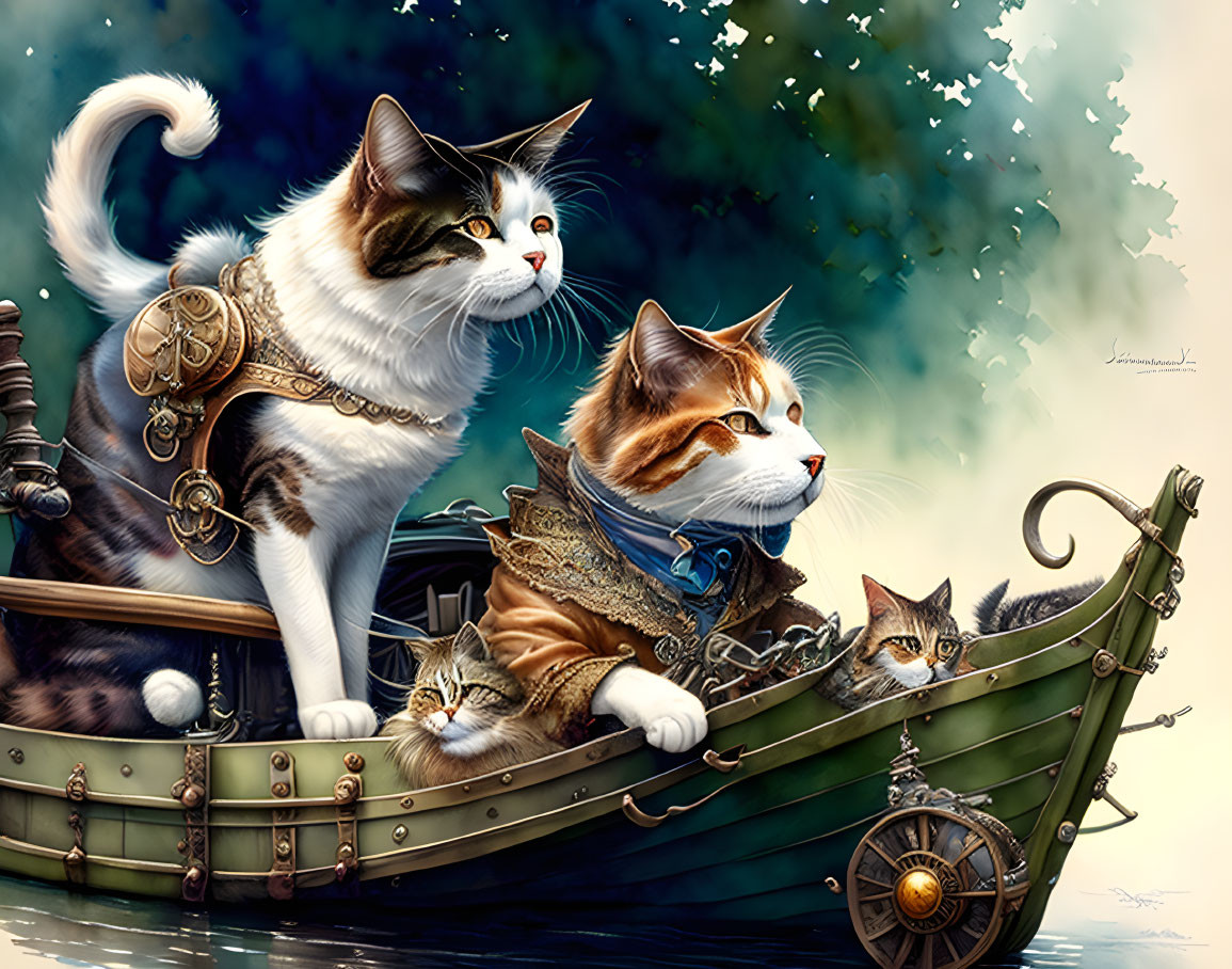 Fantasy armor-clad cats sail ornate wooden boat in dreamy setting