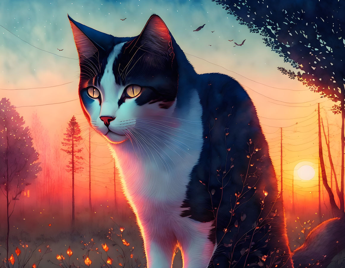 Black and White Cat with Golden Eyes in Sunset Landscape