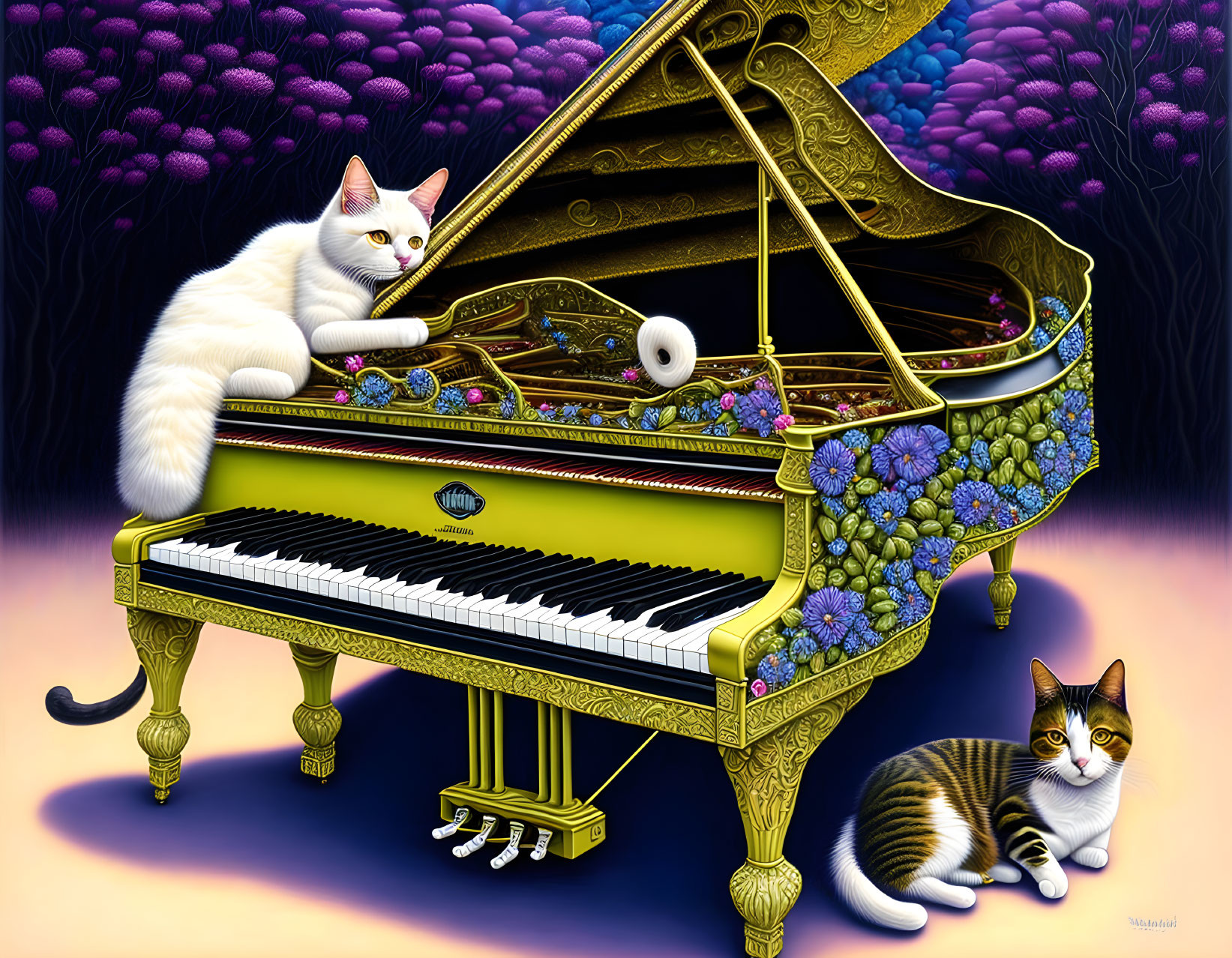 Whimsical digital artwork: Two cats with ornate grand piano on purple-blue background