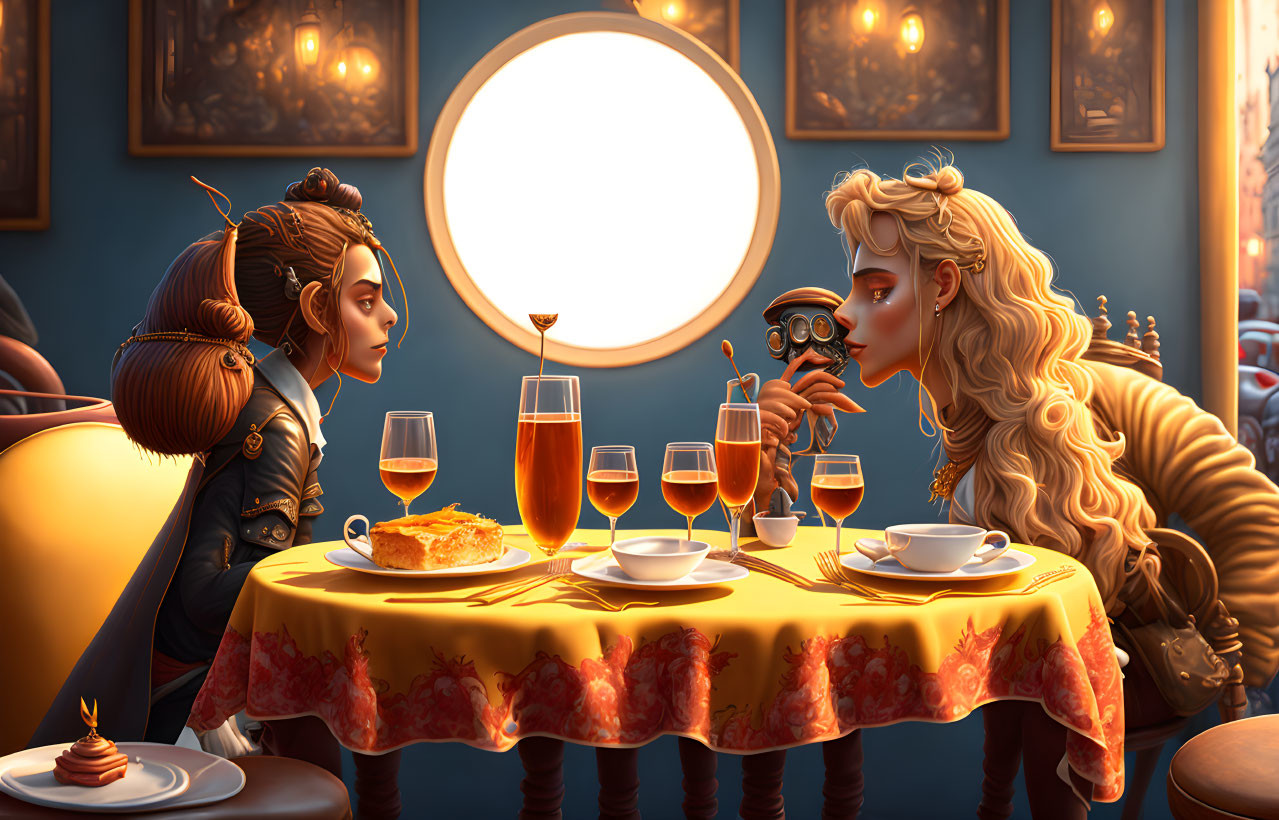 Stylized women chatting at cafe table with beverages and sweets, round window in warm light