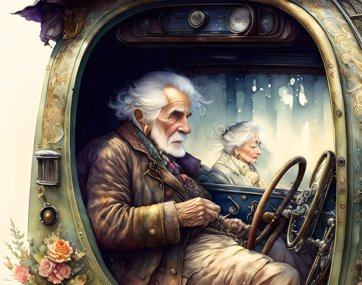 Elderly animated couple in vintage car with ornate details