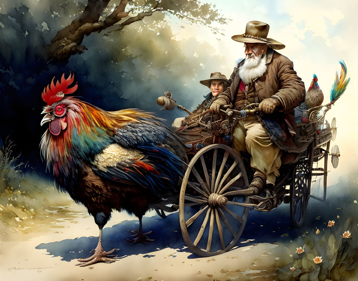 Elderly man and child ride wooden cart with giant rooster