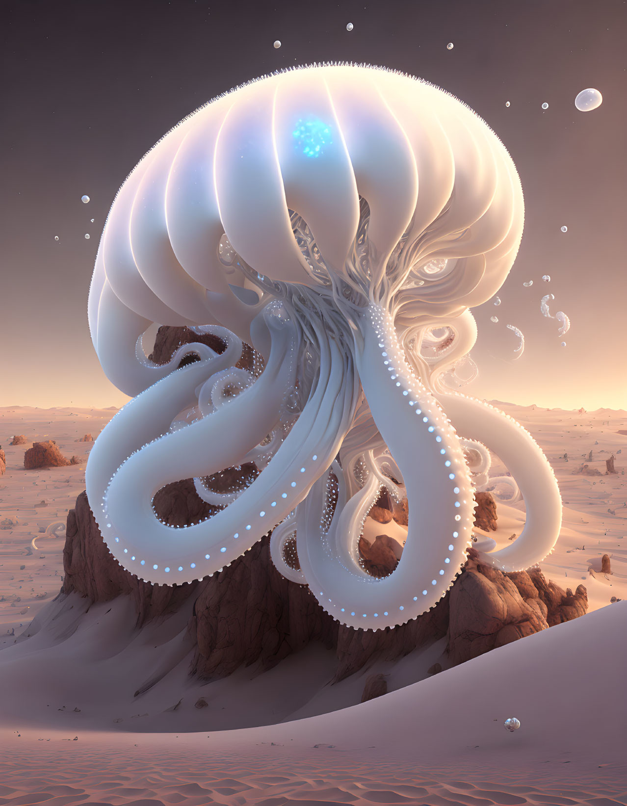 Giant Translucent Jellyfish Over Desert Landscape