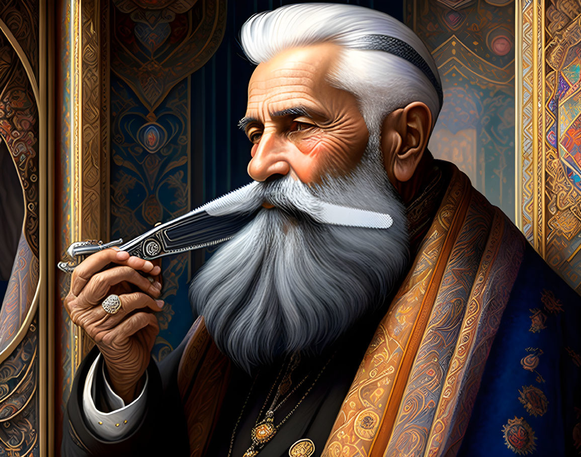 Elderly man with white beard holding barber's razor in blue robe