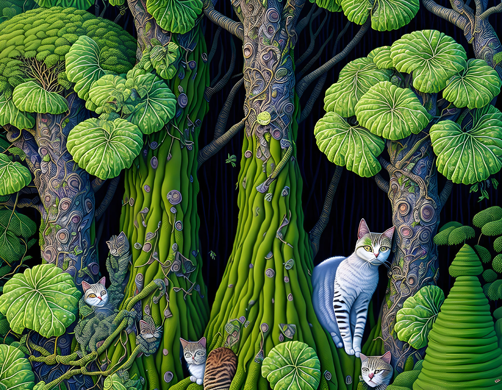 Detailed Illustration: Mystical Forest with Camouflaged Cats