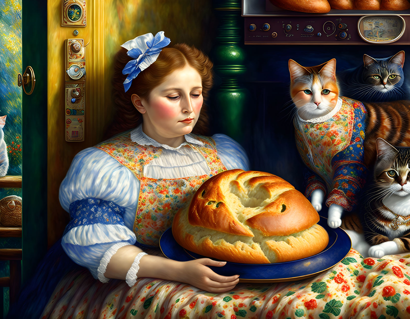 Traditional dress girl with bread loaf, cats in cozy room with antique elevator panel