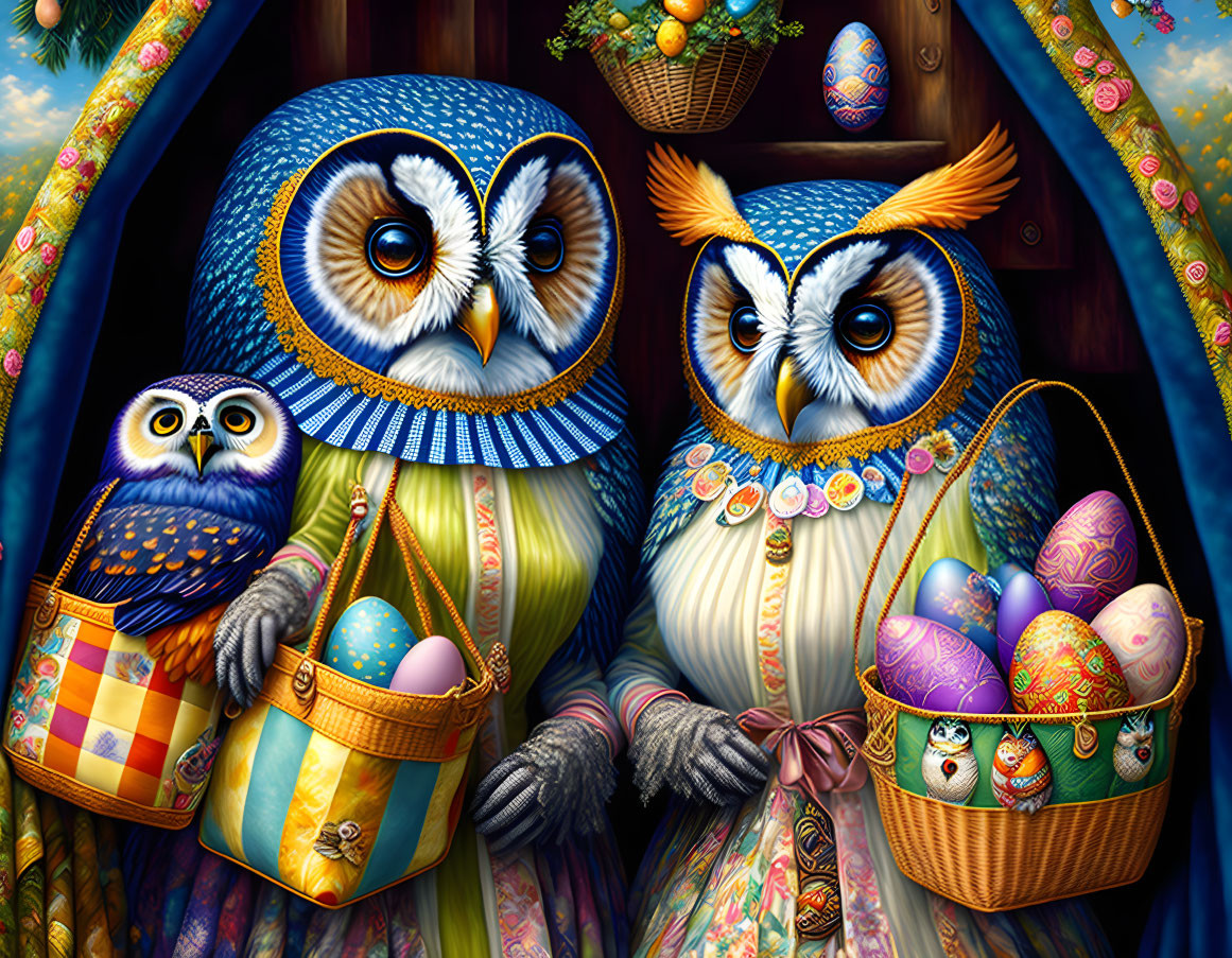 Colorful Anthropomorphic Owls with Easter Eggs in Ornate Outfits