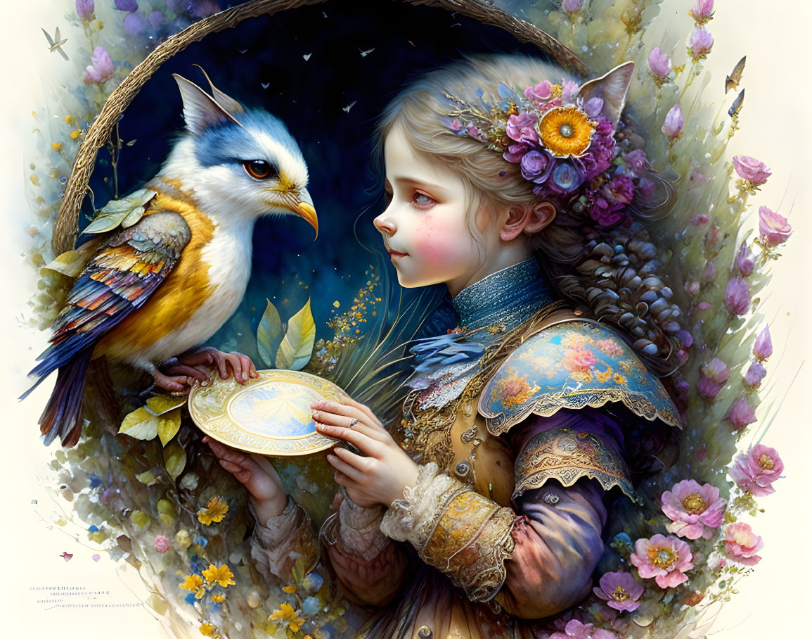 Illustration of young girl with golden coin and colorful bird in floral hollow