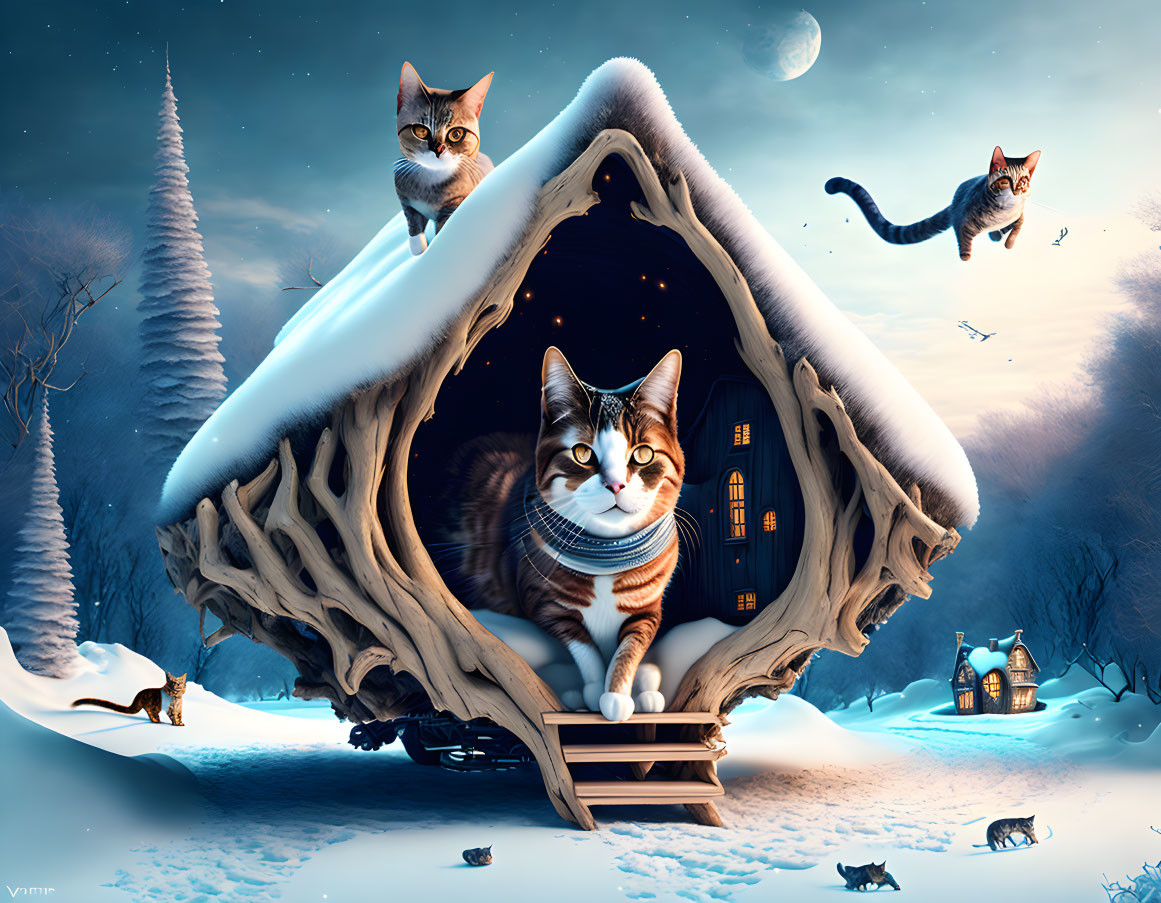 Whimsical winter scene with large and small cats in cozy log home